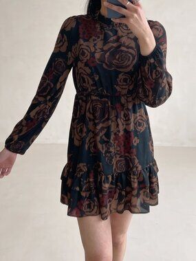 Shein Dark Floral Mini Dress | Long Sleeve Ruffle Hem | XS